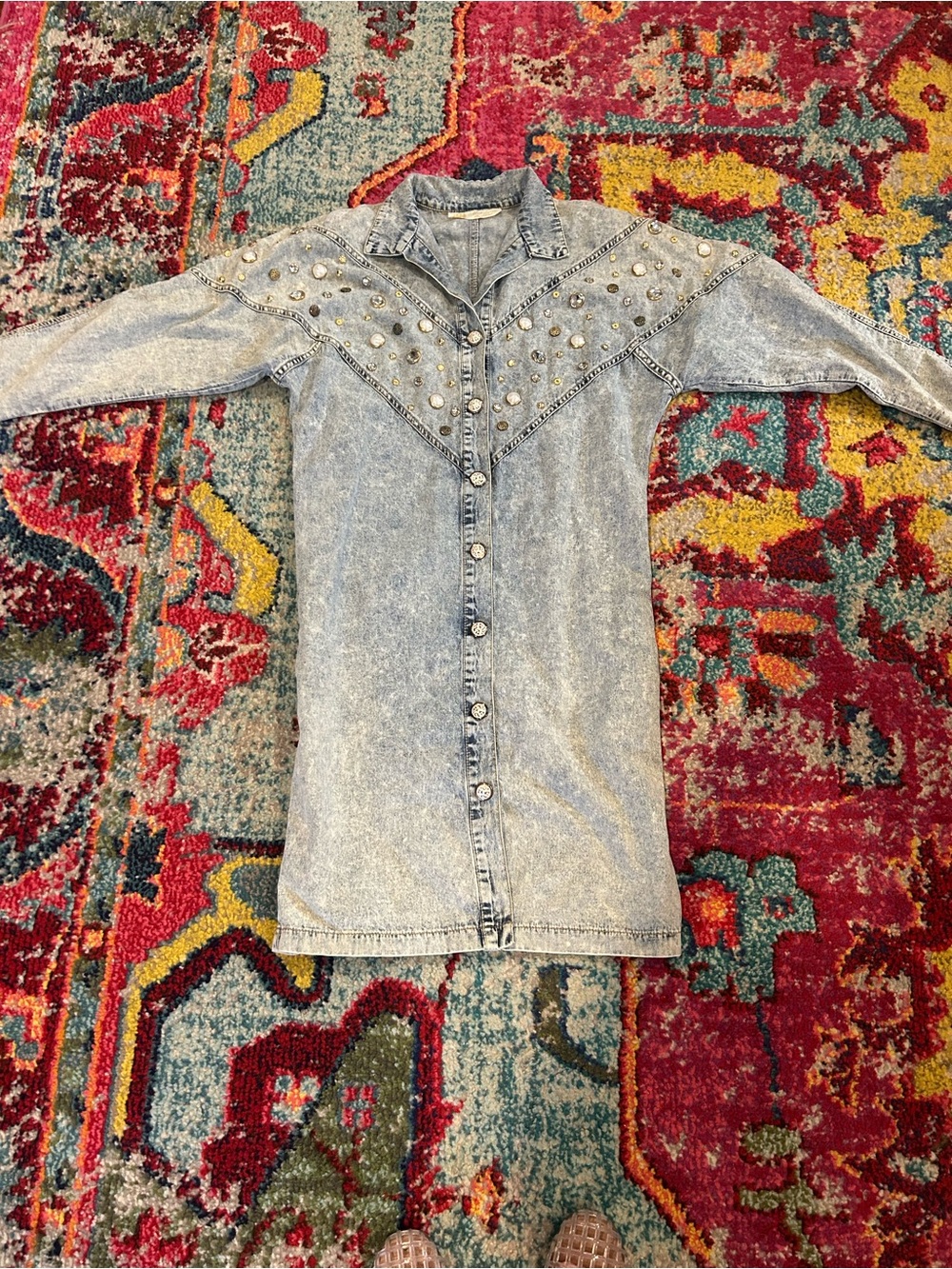Vintage Studded Light Wash Denim Midi Dress - Blue